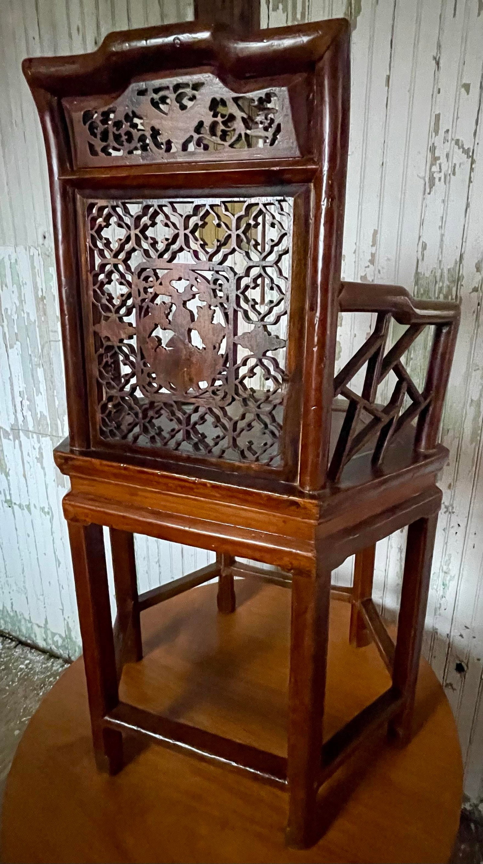 Antique Asian Chinese Style Carved Hexagonal Petit Delicate Small Chair W/Arms - 4