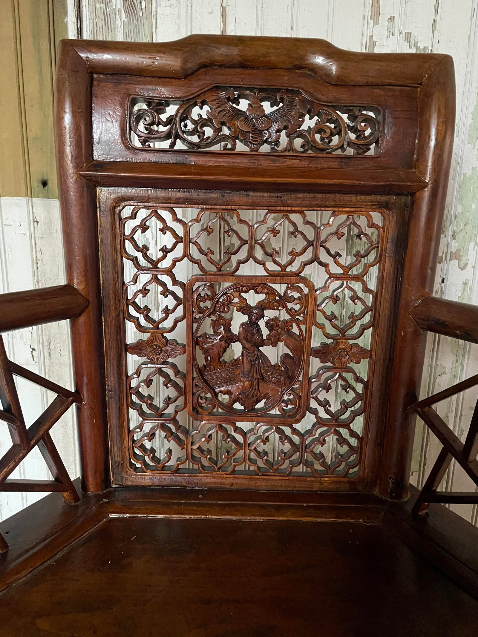 Antique Asian Chinese Style Carved Hexagonal Petit Delicate Small Chair W/Arms - 5