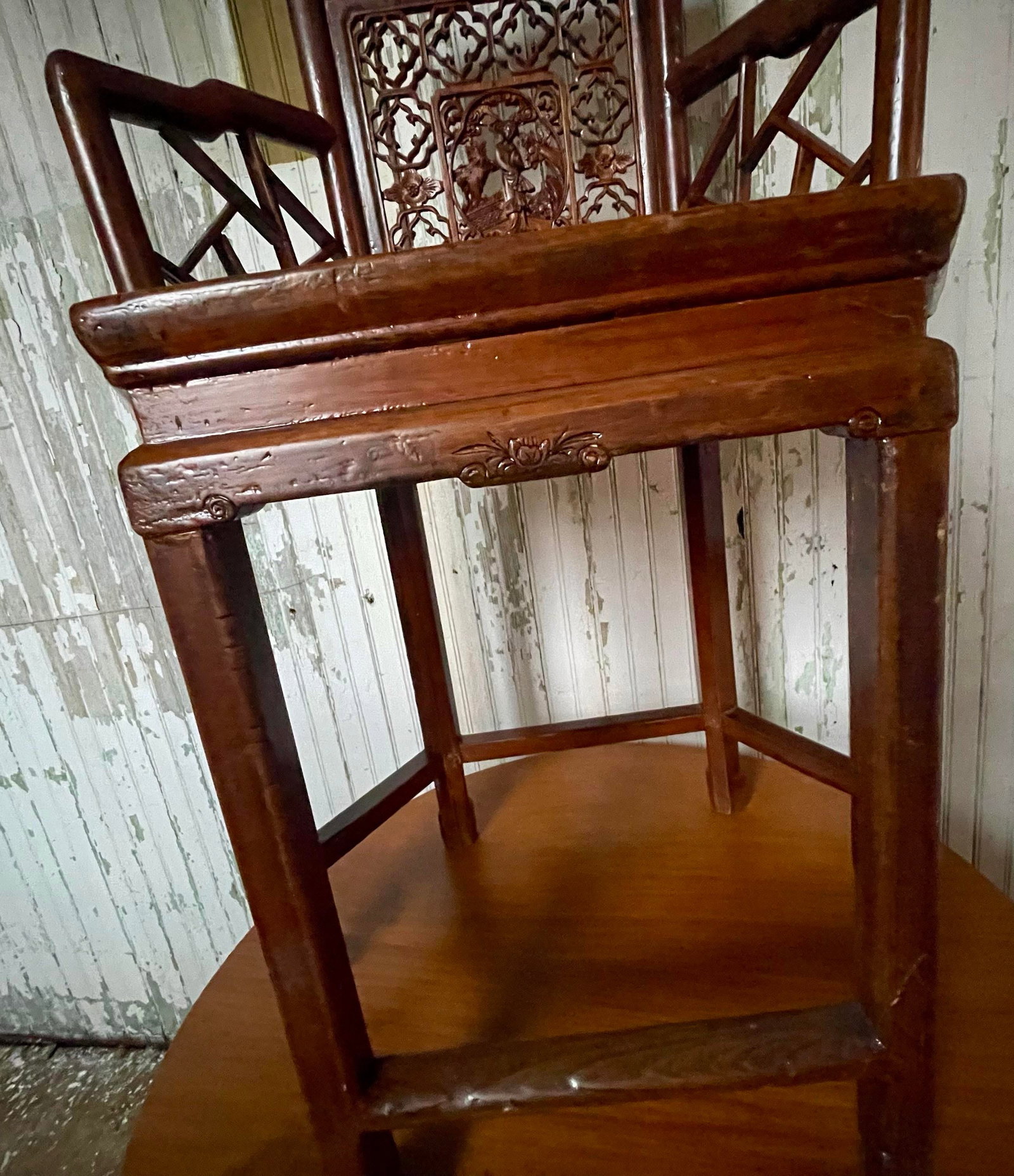 Antique Asian Chinese Style Carved Hexagonal Petit Delicate Small Chair W/Arms - 8