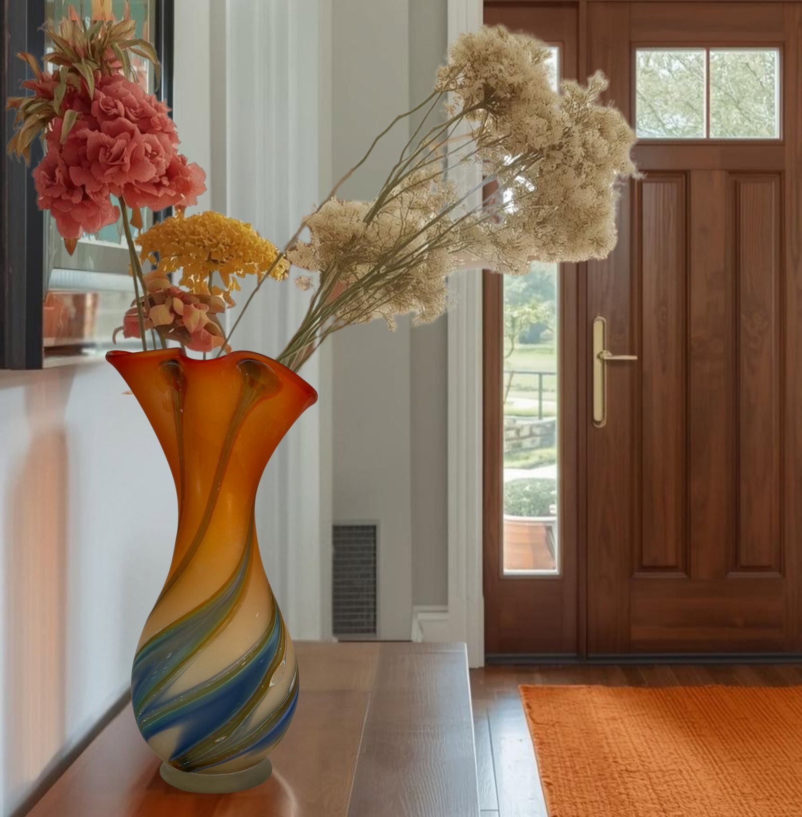Zareh Orange Art Glass Fazzoletto Vase With Green Blue Swirl - 2