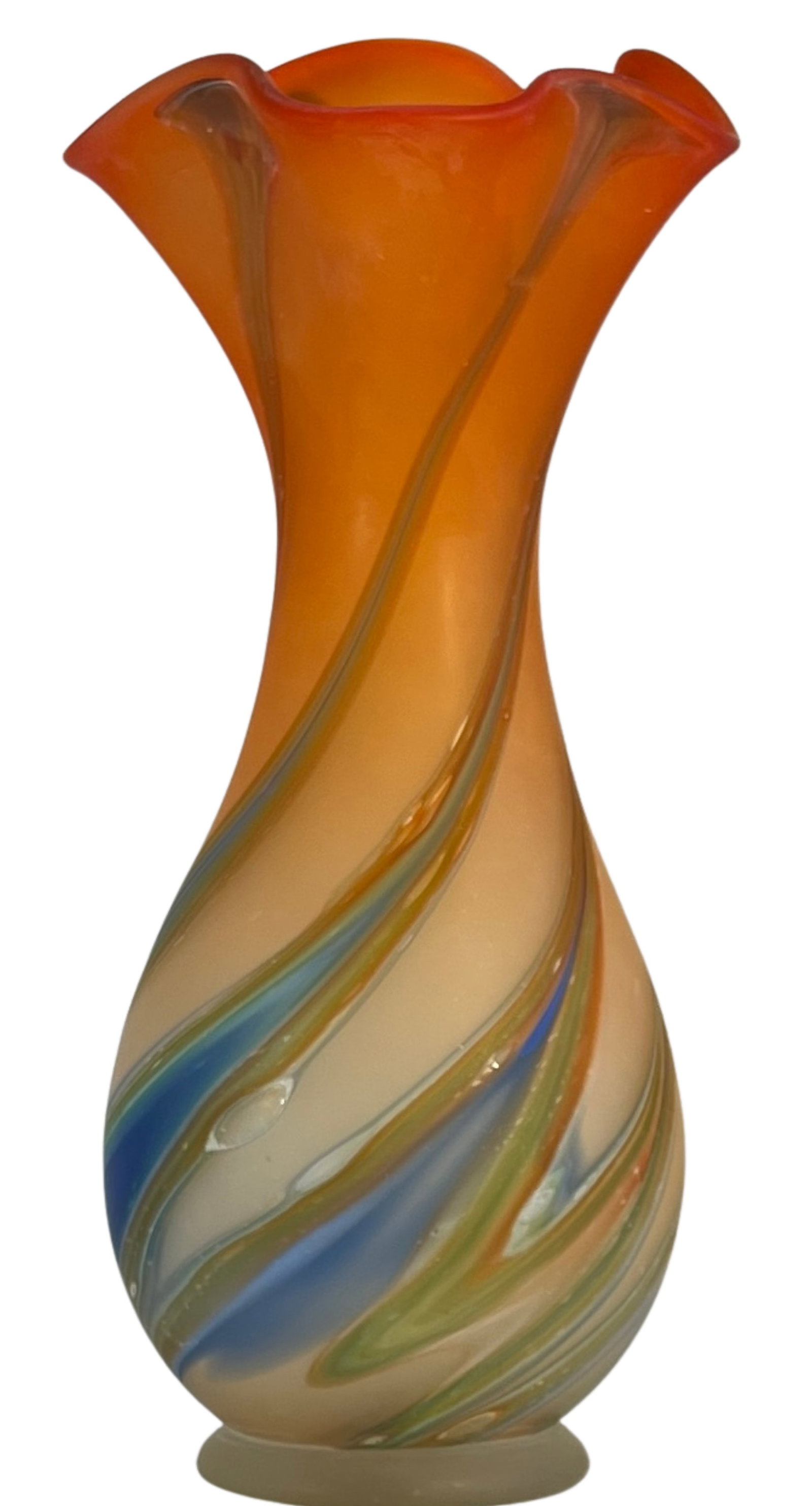 Zareh Orange Art Glass Fazzoletto Vase With Green Blue Swirl - 3