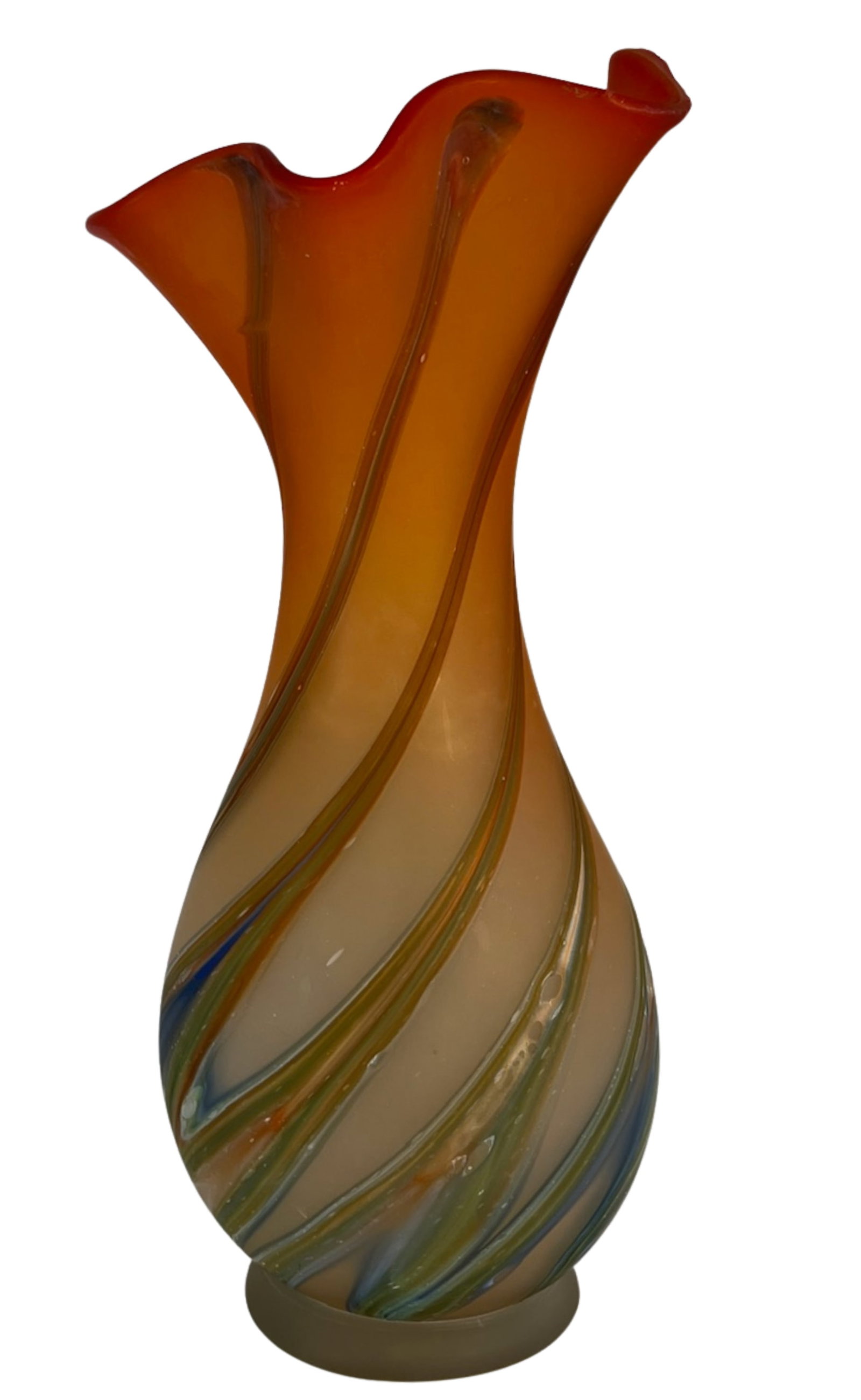 Zareh Orange Art Glass Fazzoletto Vase With Green Blue Swirl - 4