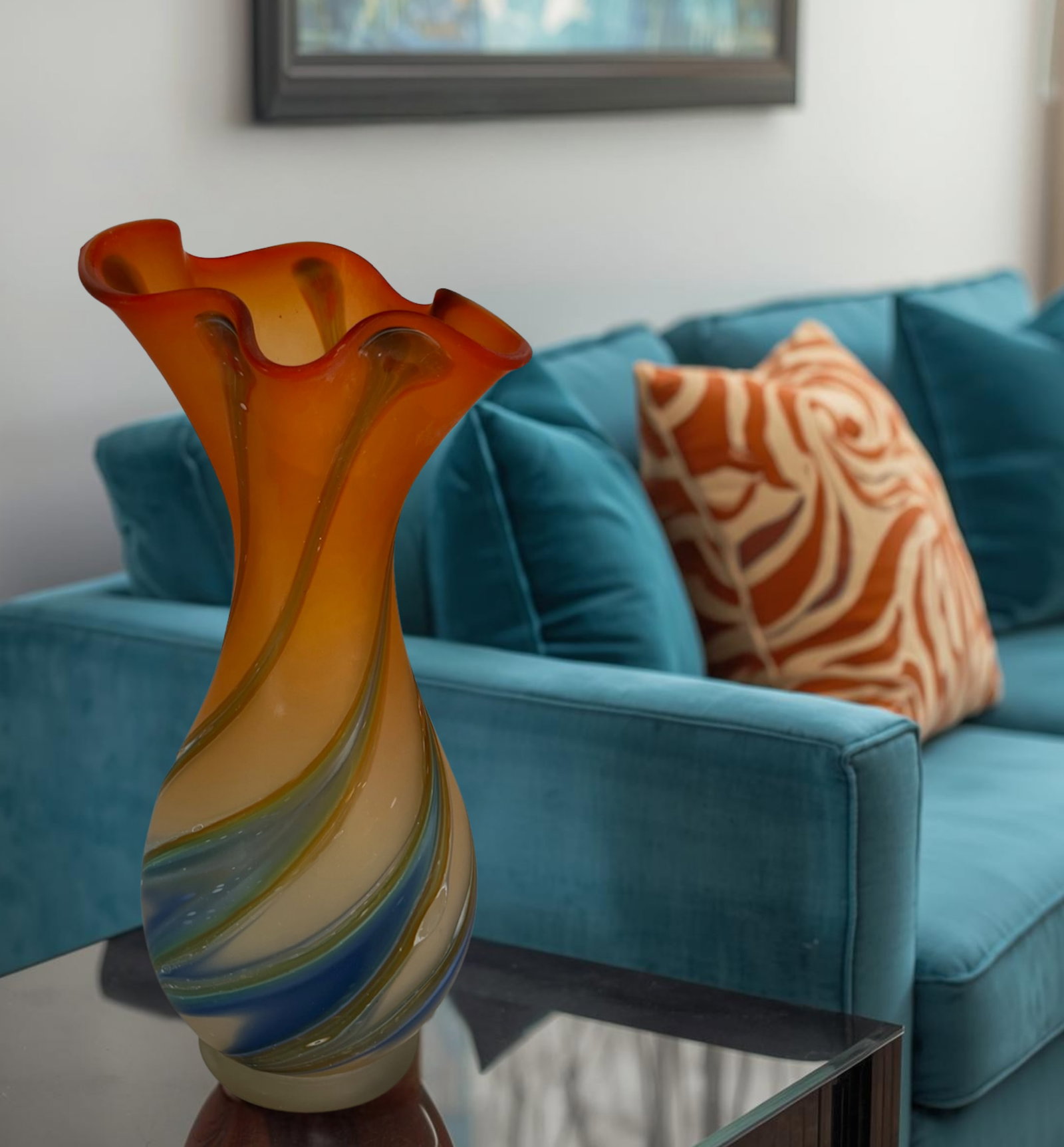 Zareh Orange Art Glass Fazzoletto Vase With Green Blue Swirl - 5