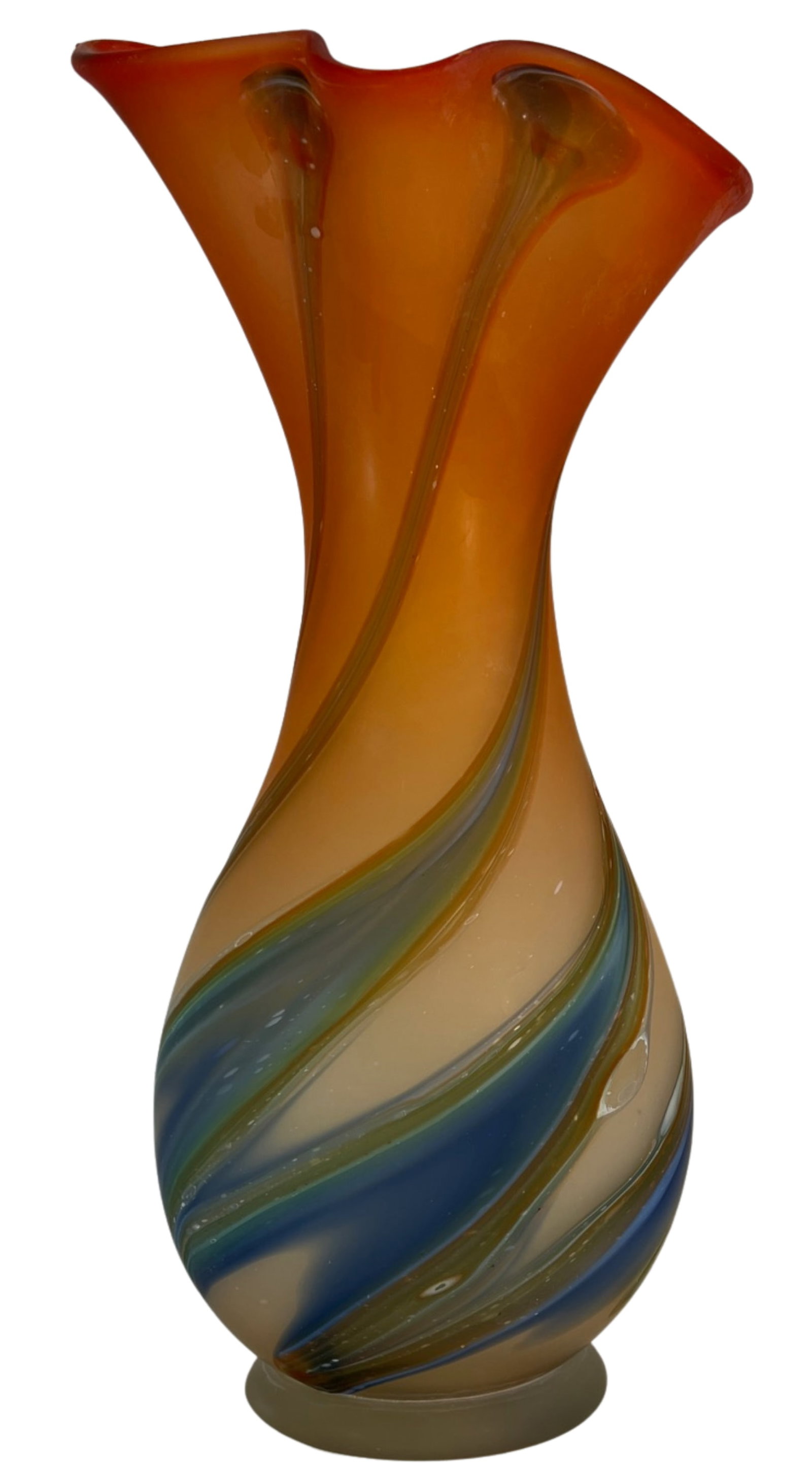Zareh Orange Art Glass Fazzoletto Vase With Green Blue Swirl - 6