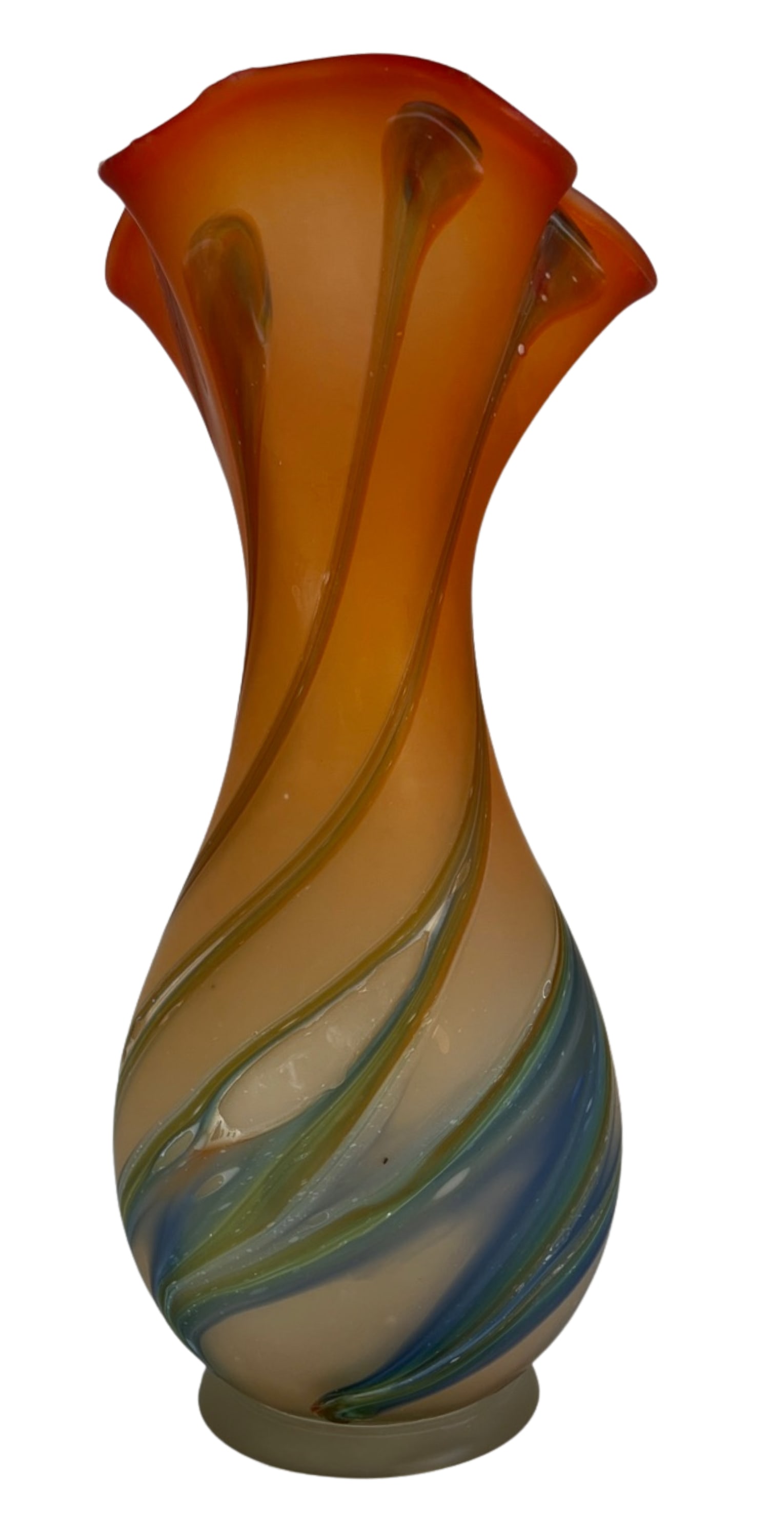 Zareh Orange Art Glass Fazzoletto Vase With Green Blue Swirl - 8
