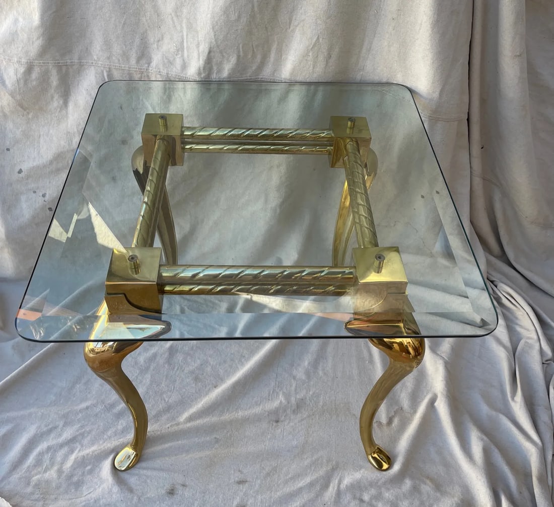 Vintage 70's Brass Cabriole Leg Glass Top End Table - 2