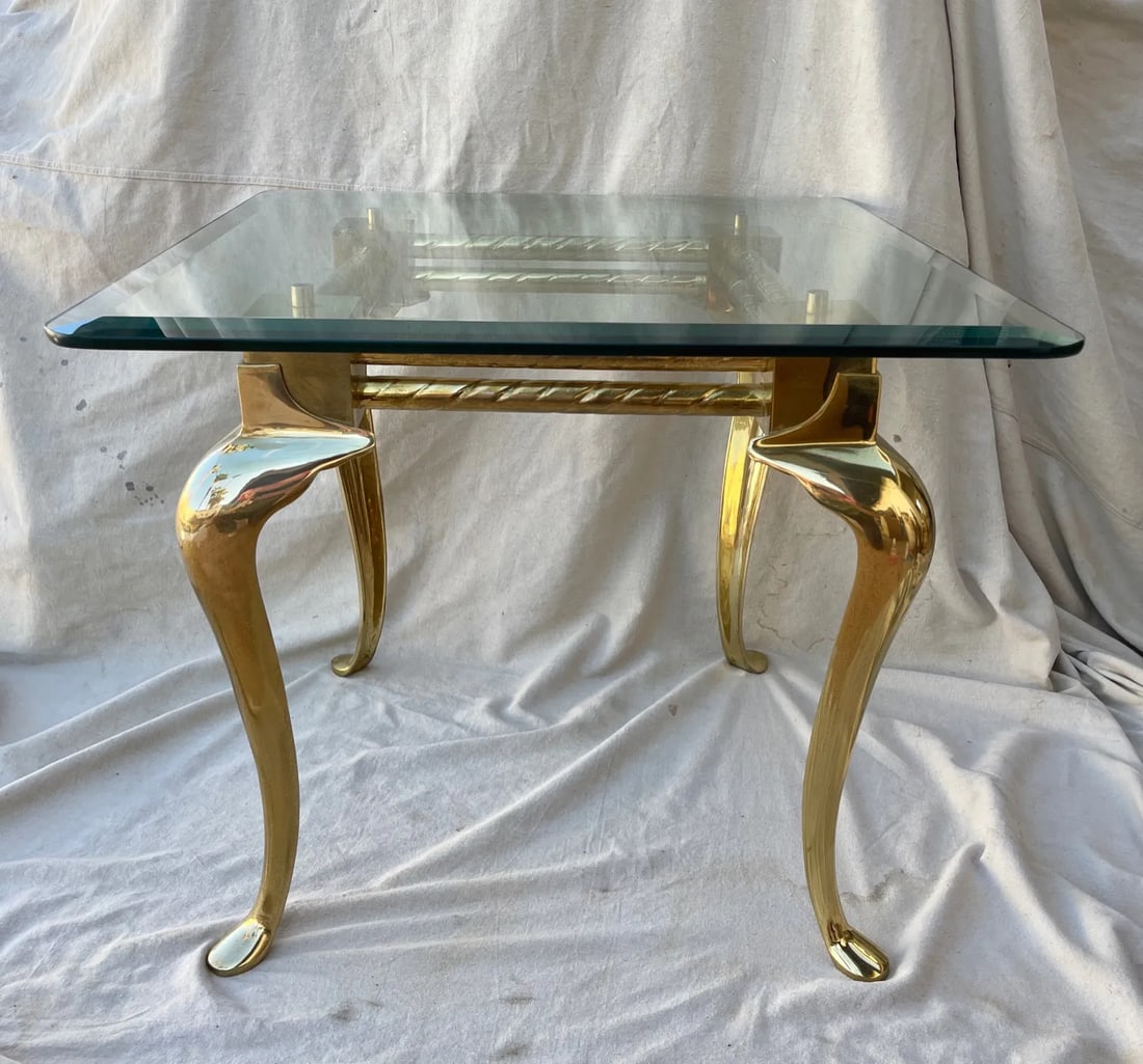 Vintage 70's Brass Cabriole Leg Glass Top End Table - 3