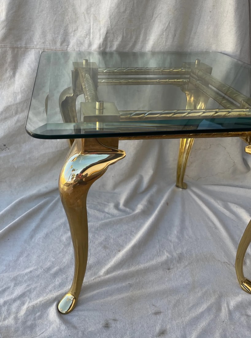 Vintage 70's Brass Cabriole Leg Glass Top End Table - 4