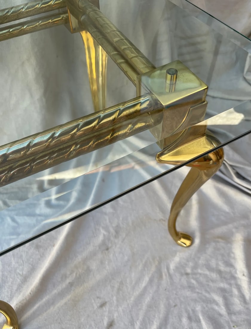 Vintage 70's Brass Cabriole Leg Glass Top End Table - 5