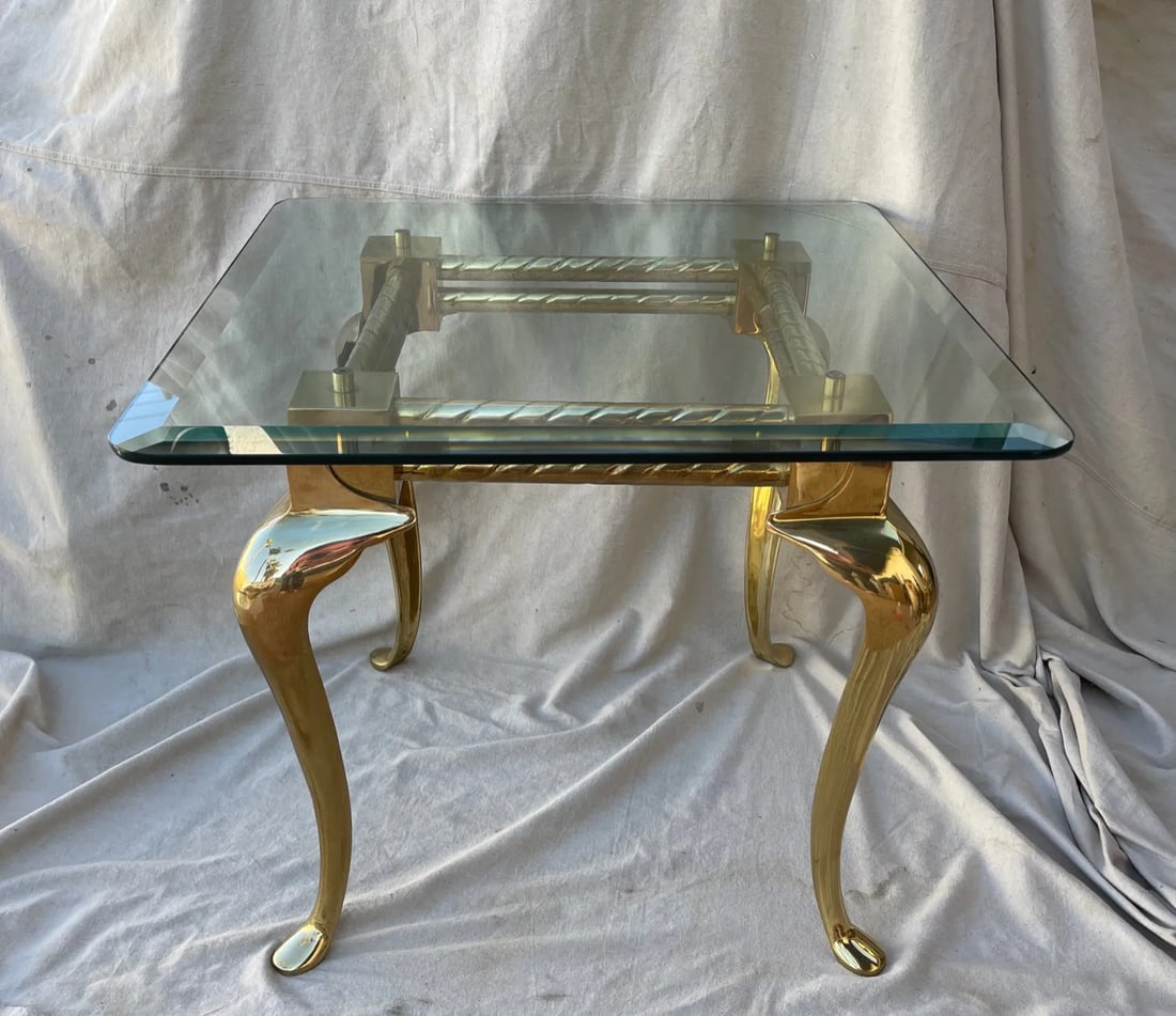 Vintage 70's Brass Cabriole Leg Glass Top End Table - 7