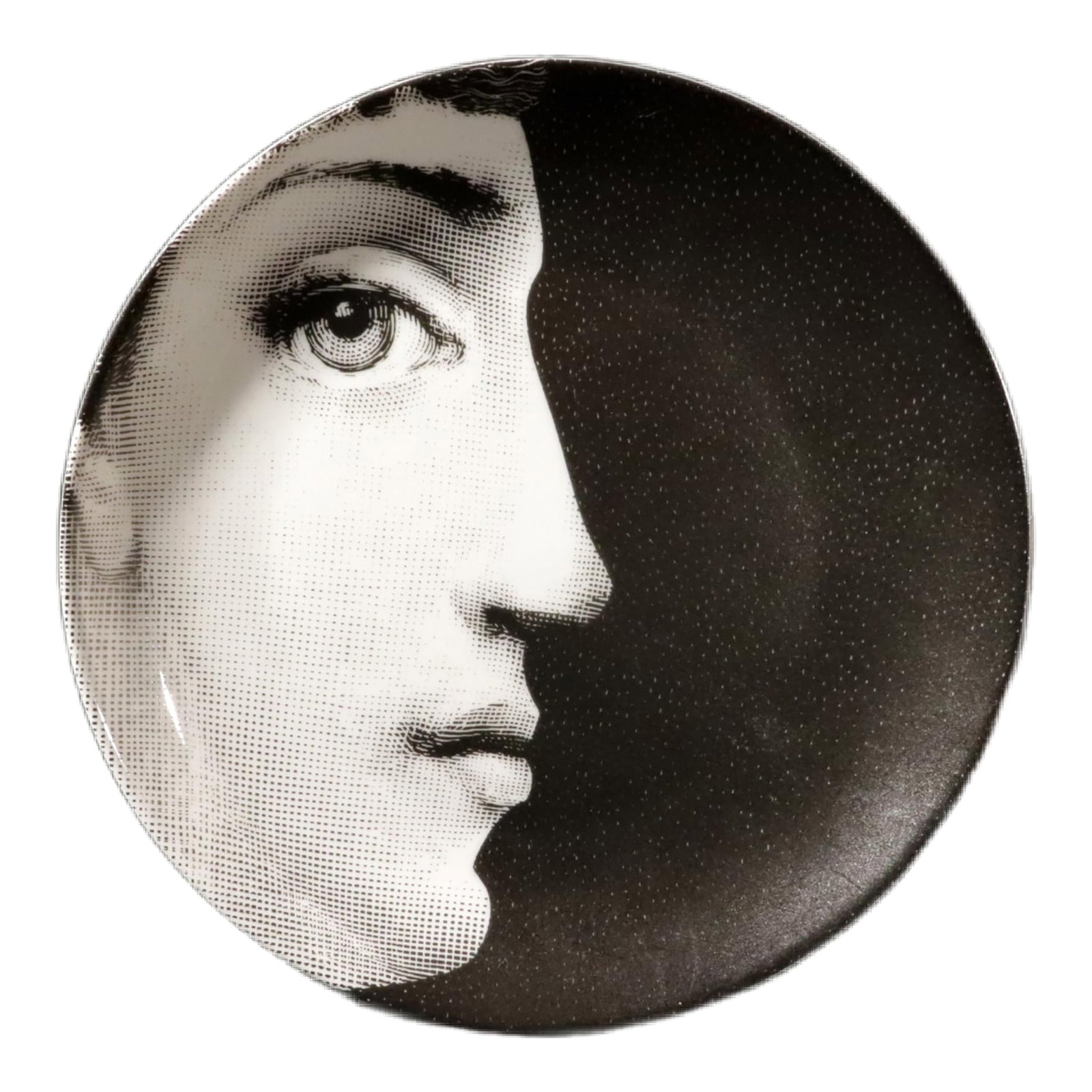 Fornasetti Porcelain Themes & Variation Plate, Number 114: The Shadowed Muse: Fornasetti "Themes & Variations" Plate #114 (Half Face) A striking and minimalist porcelain wall plate from the celebrated "Themes & Variations" (Tema e Variazioni) series by