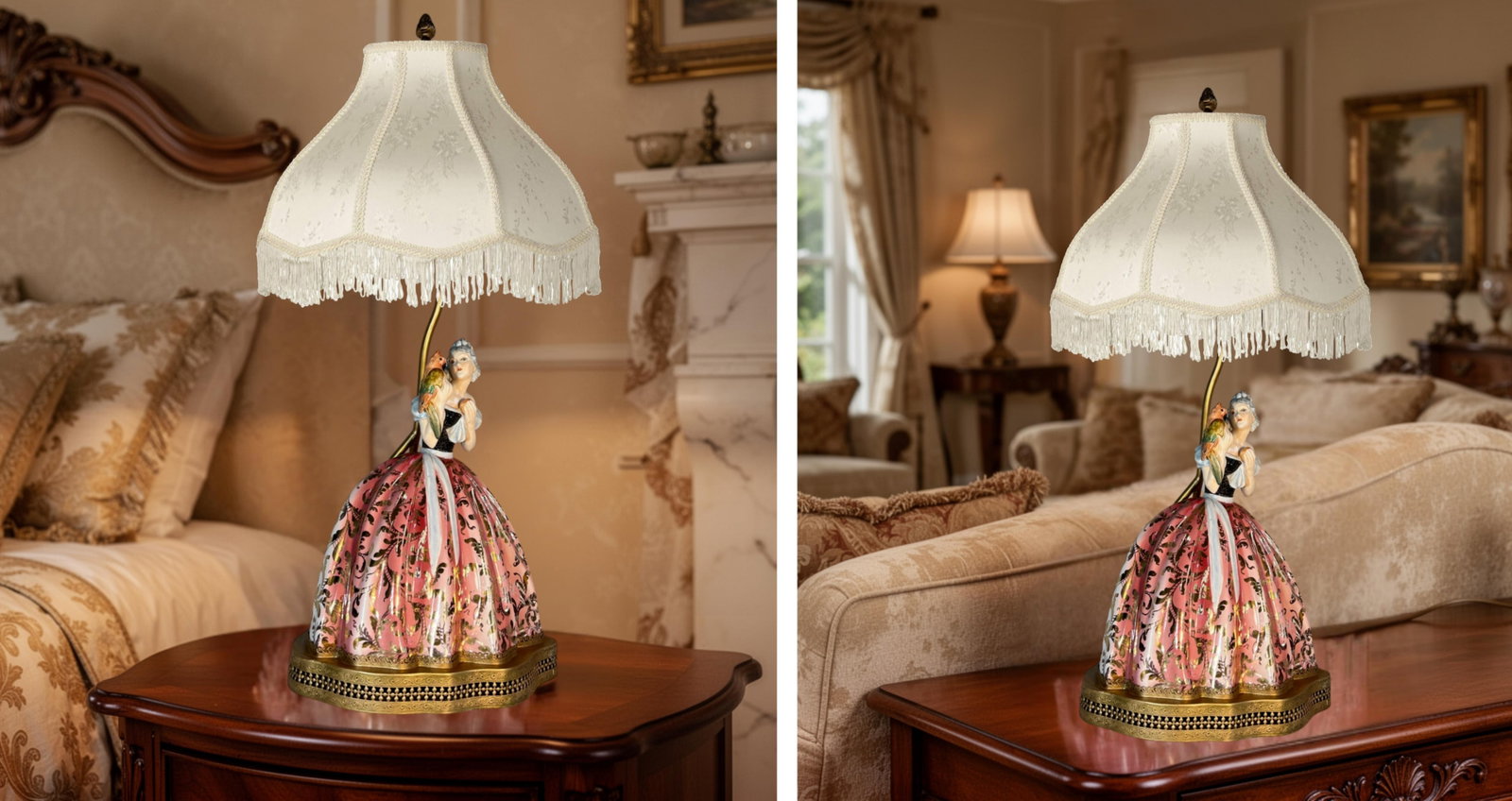 Bertolotti Capodimonte Signed Arturo Pannunzio Porcelain Rococo Lady With a Parrot Table Lamp - 3