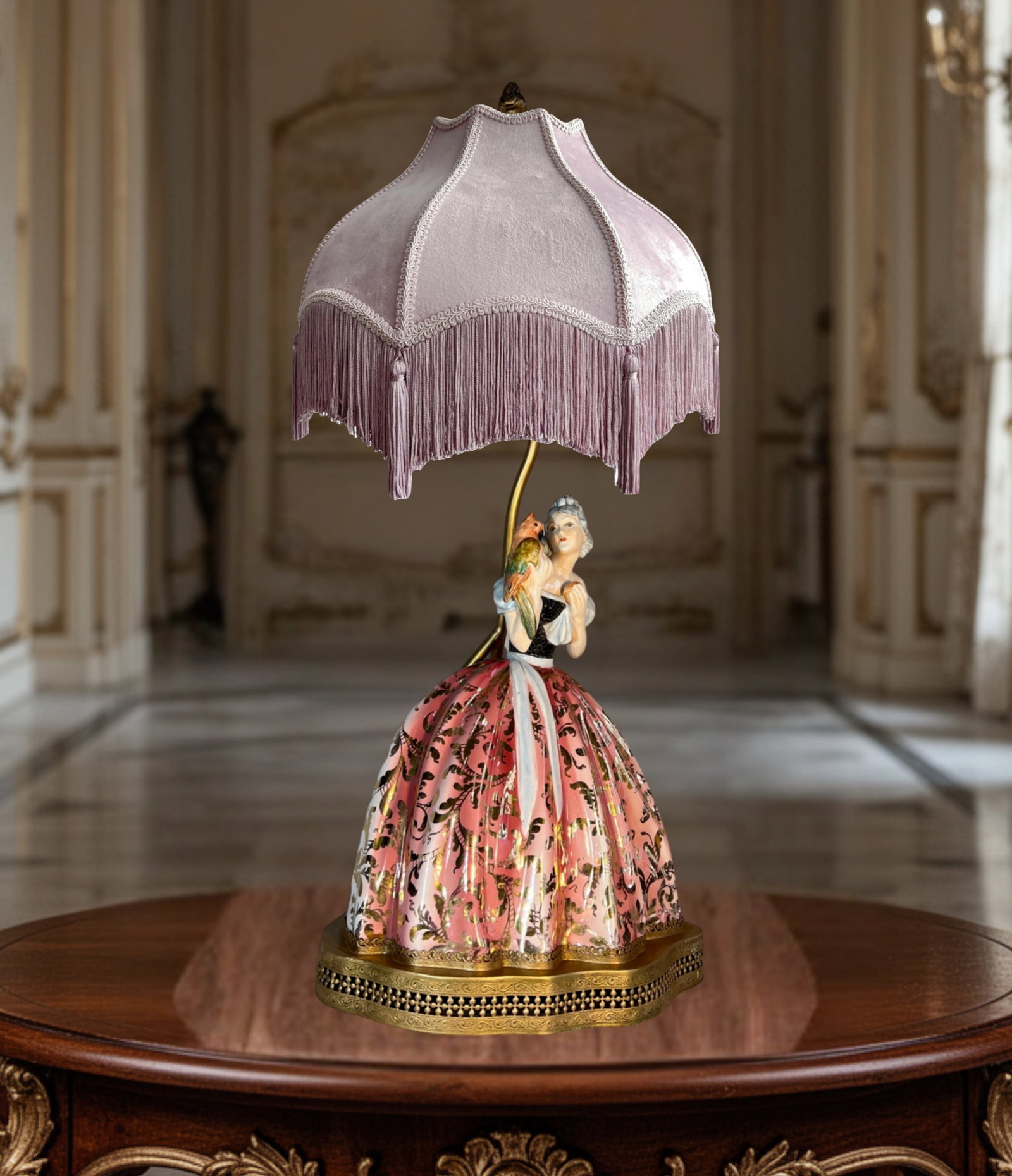 Bertolotti Capodimonte Signed Arturo Pannunzio Porcelain Rococo Lady With a Parrot Table Lamp - 7