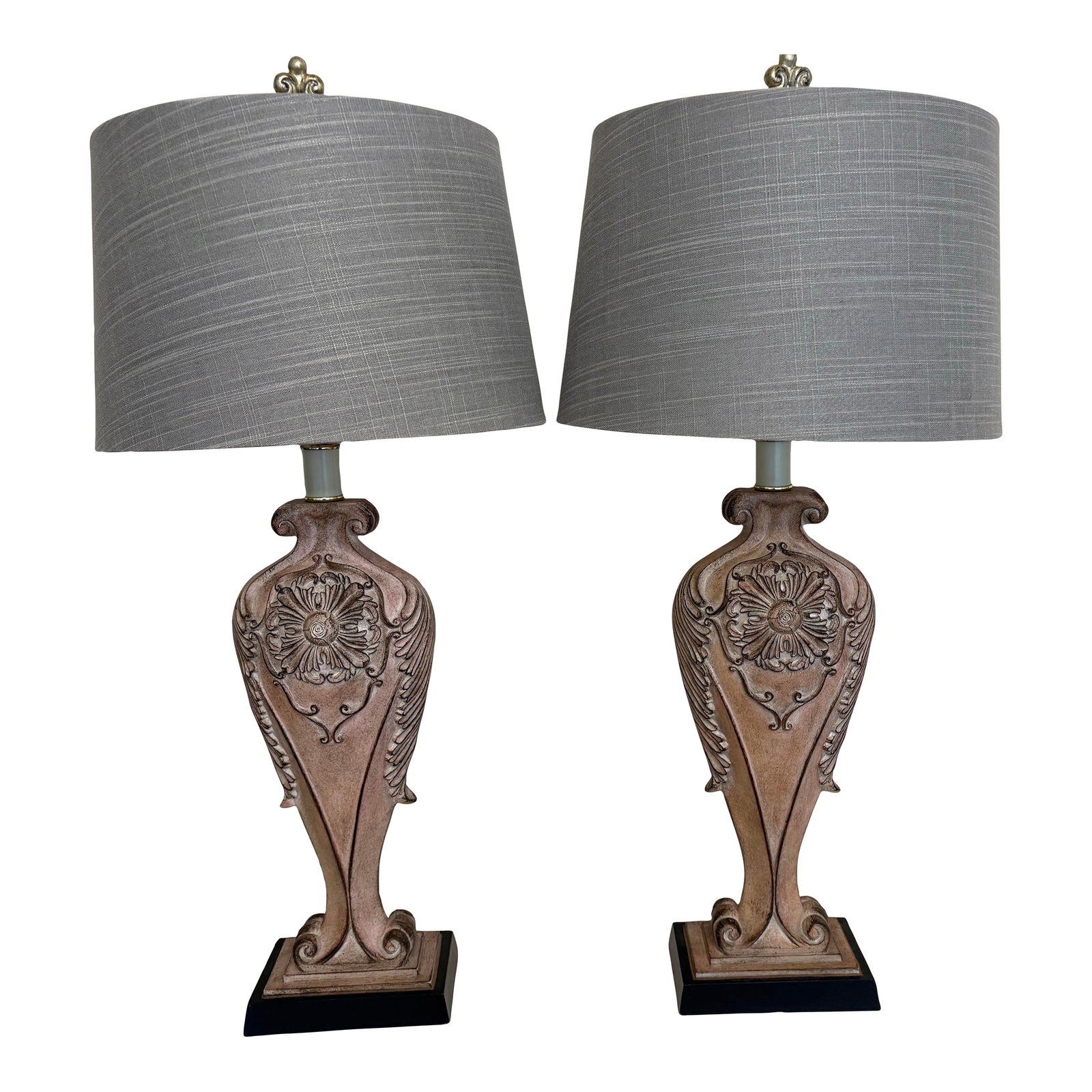 Vintage Pink Rose' Patterned 3-Way Lamps With Grey Shades- a Pair: The large chyrsanthemums on the front and back of these darling pink rose' lamps make it look so adorable. Then add a touch of grey in the shades and you have a great match! The bottom of the lamp is