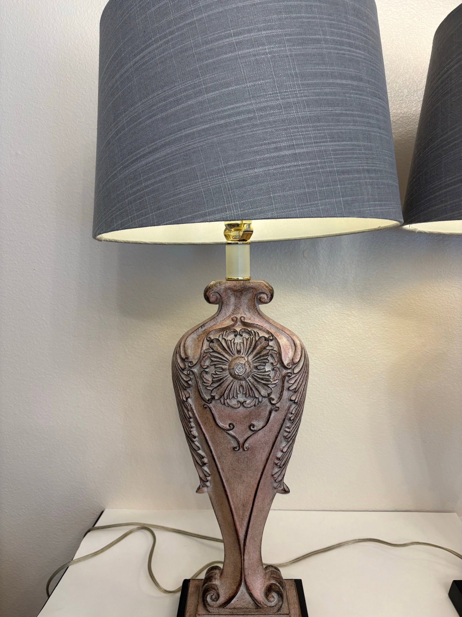 Vintage Pink Rose' Patterned 3-Way Lamps With Grey Shades- a Pair - 2