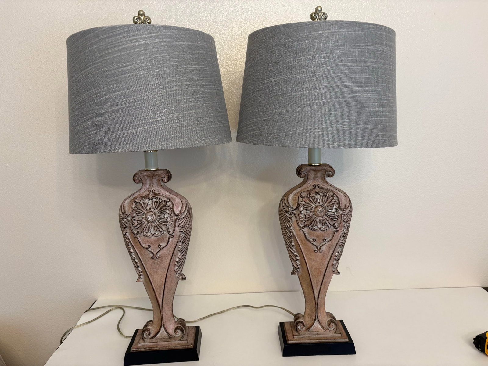 Vintage Pink Rose' Patterned 3-Way Lamps With Grey Shades- a Pair - 4
