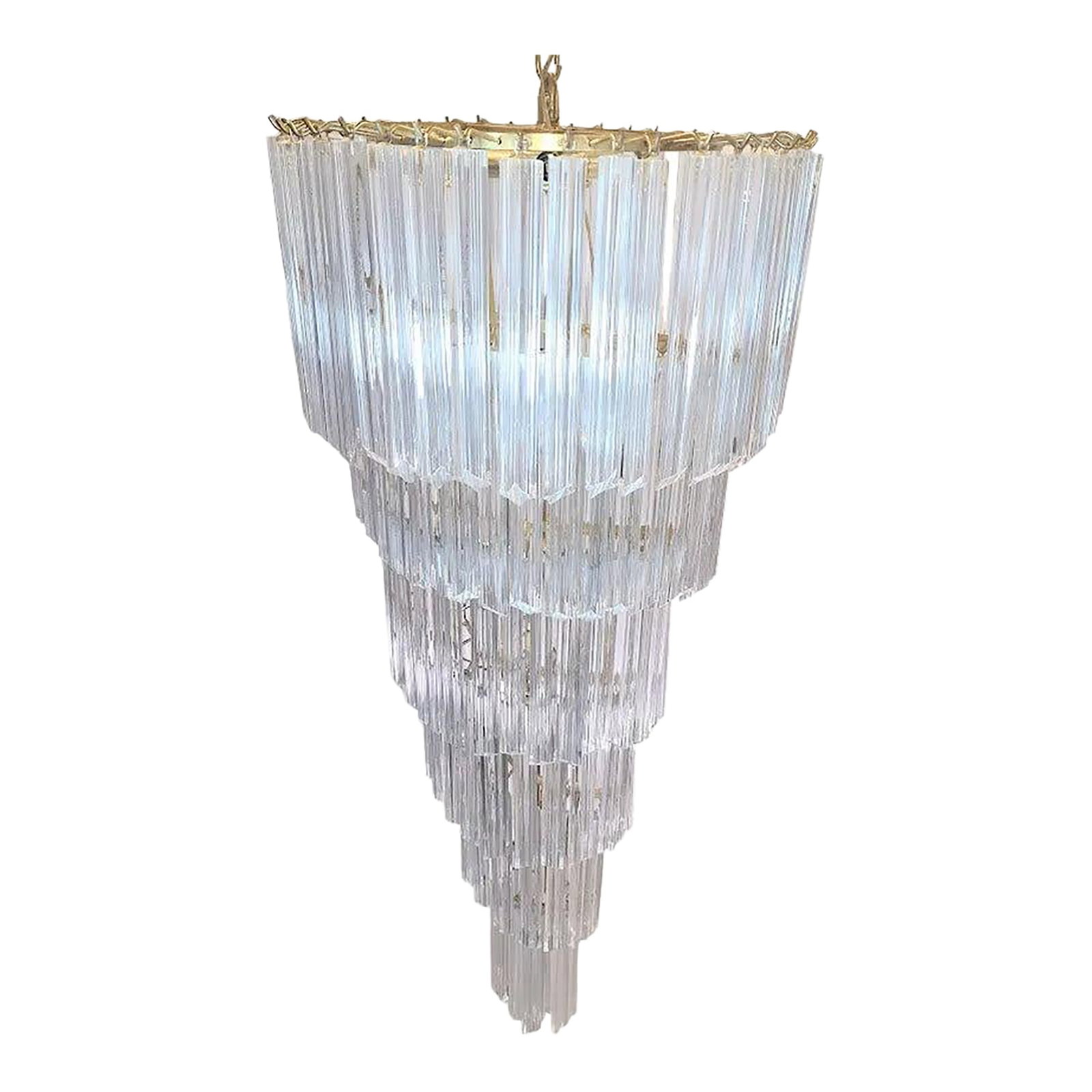 Very Large Vintage Italian Murano Glass Spiral Chandelier 55": Vintage Italian Murano glass spiral chandelier, featuring a gilded brass frame and cascading clear glass prisms, dating from the 1970s. Clear Murano glass (prism) 55" L, 21"W, with existing chain