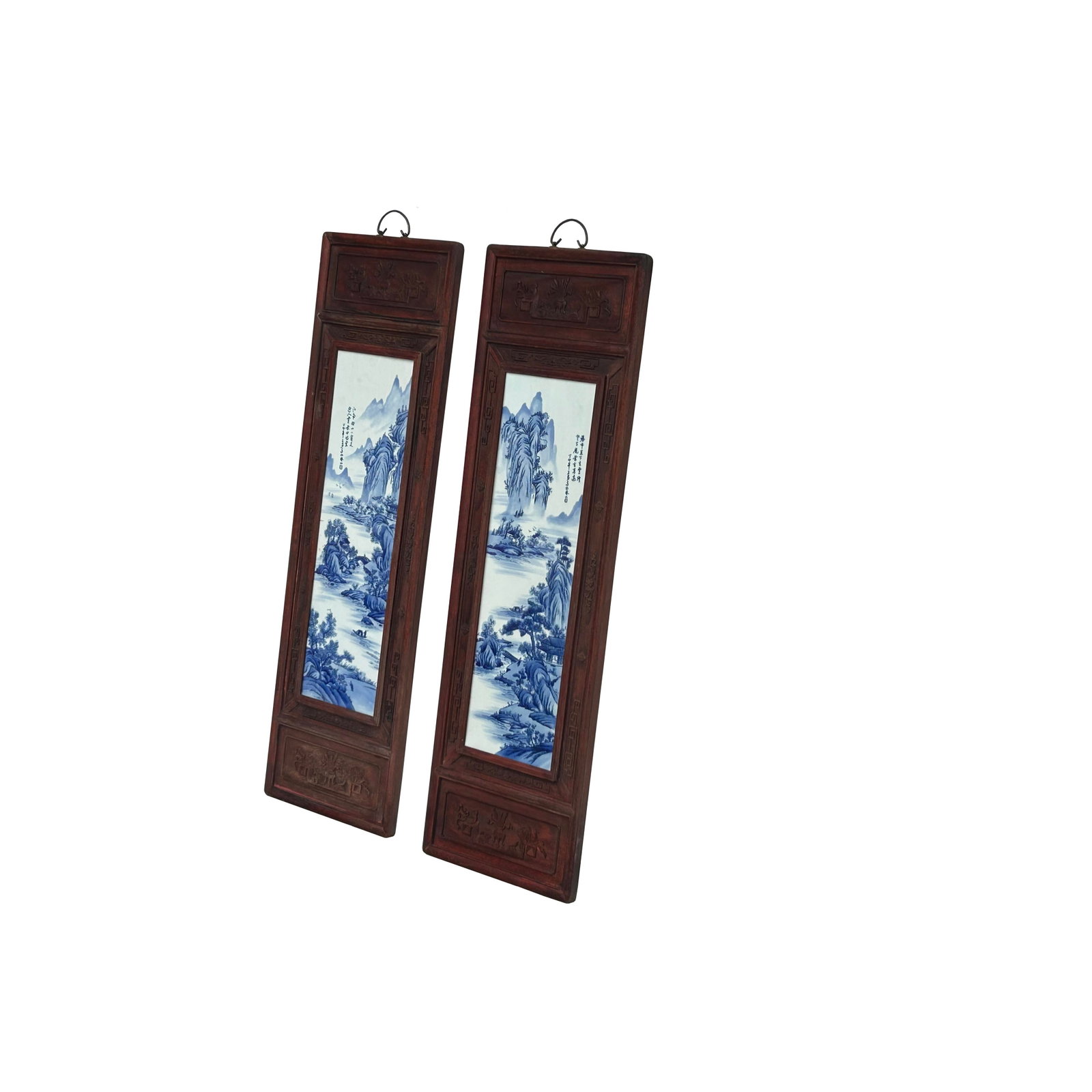 Pair Chinese Blue White Landscape Porcelain Painting Wall Panels - 2