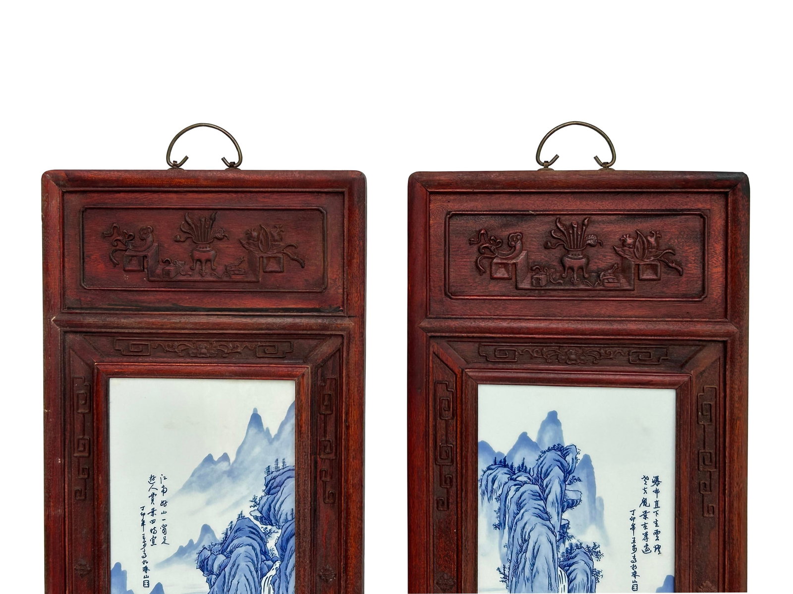 Pair Chinese Blue White Landscape Porcelain Painting Wall Panels - 5