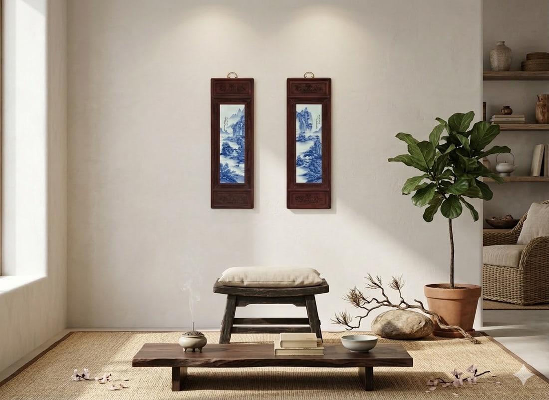 Pair Chinese Blue White Landscape Porcelain Painting Wall Panels - 6