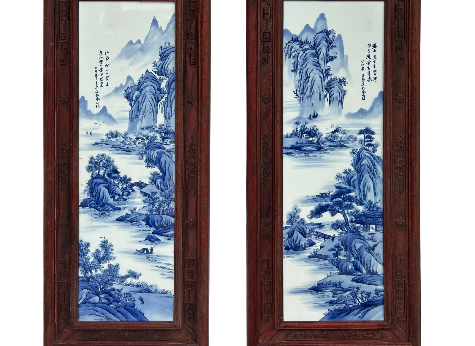 Pair Chinese Blue White Landscape Porcelain Painting Wall Panels - 8