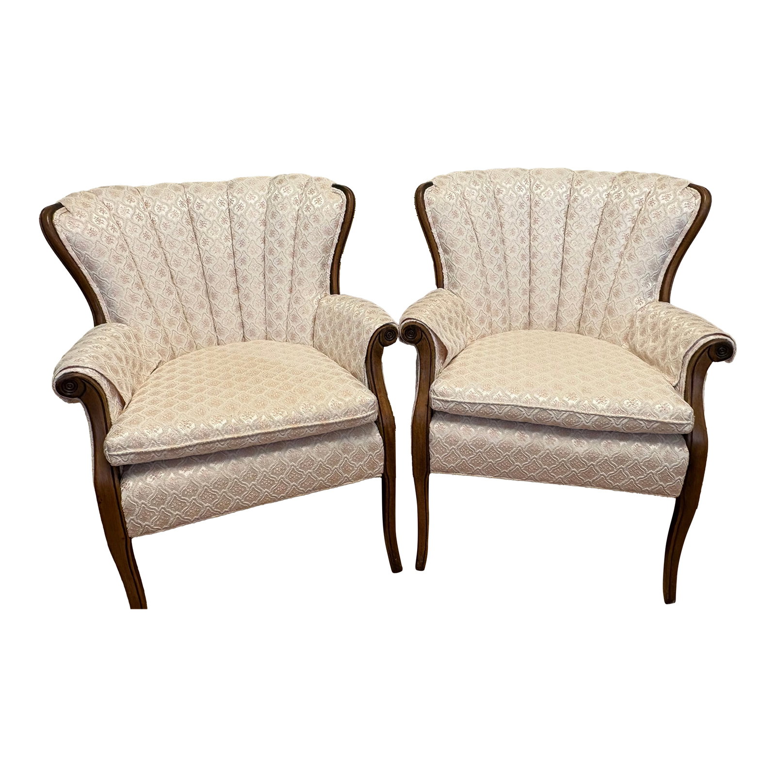 1940s French Louis XV Upholtersed Lounge Chairs - A Pair: They are reproduction of the French Louis XV Upholstered Lounge Chairs, a pair. Channel tufing in the back of the chairs make them so pretty with reupholstered new designer fabric of antique white
