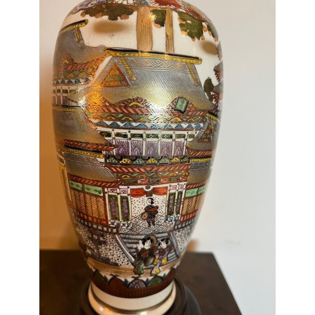 Antique Japanese Satsuma Vase Meiji Koshida Signed Shimazu Crest Pagoda 10" - 3