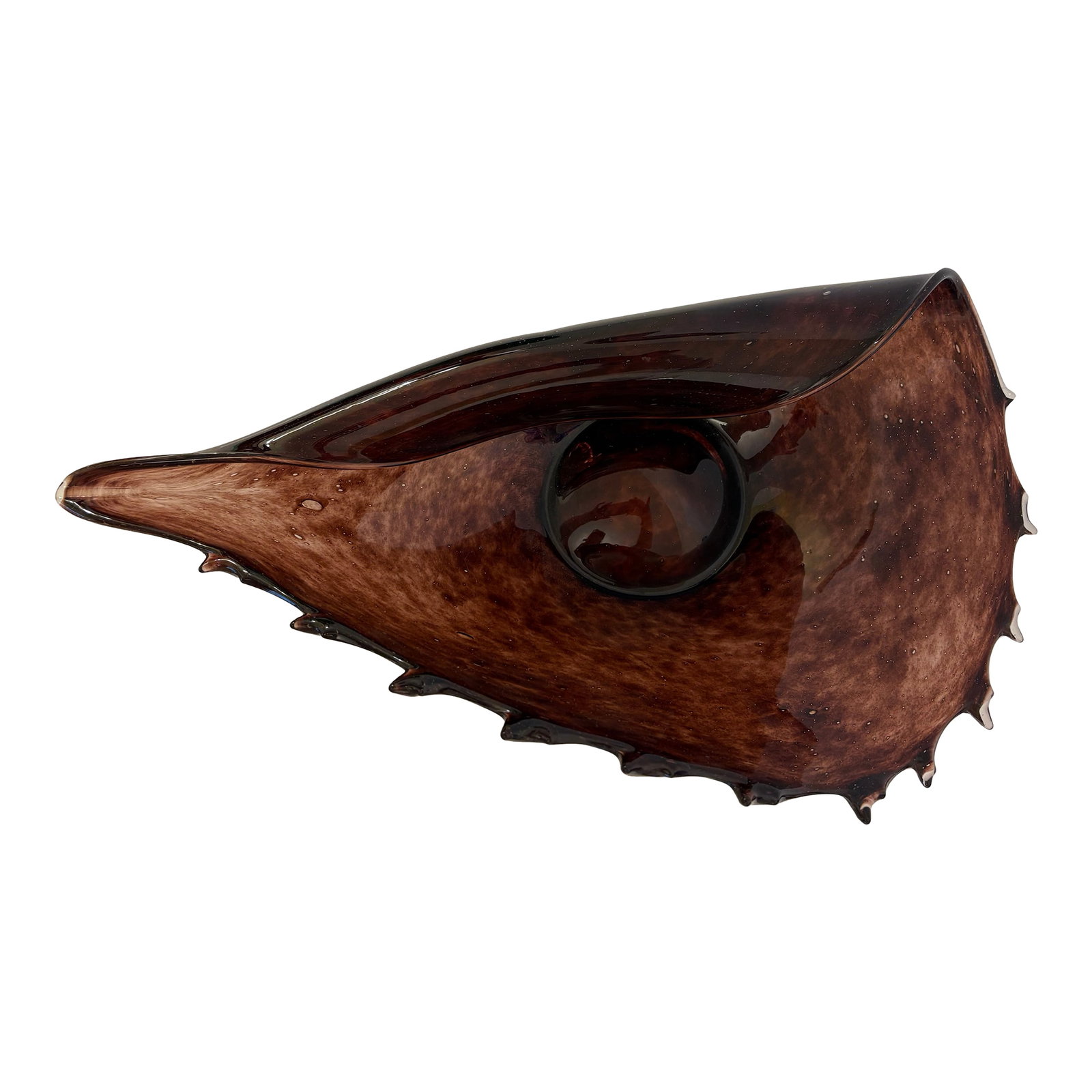 Murano Vintage Style Hand Blown Glass Brown Conch Sculpture: This Murano shape of the conch shell is a rich dark brown hand blown glass in the mid century modern decor design. Due to it's shape it makes a great centerpiece. Espically with the jagged edges