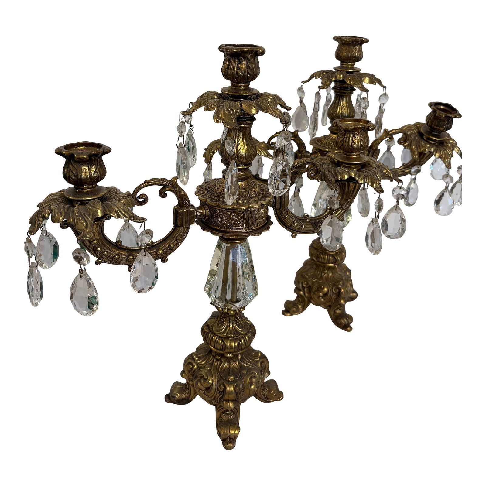 1950s Hollywood Regency Rococo 2 Arm Candlearbra - A Pair: These beautiful Rococo Hollywood regency 2 arm candlearbras are quite stunning in the fact they have held up so nicely over the years of wear. They each have crystals hanging from them and hold