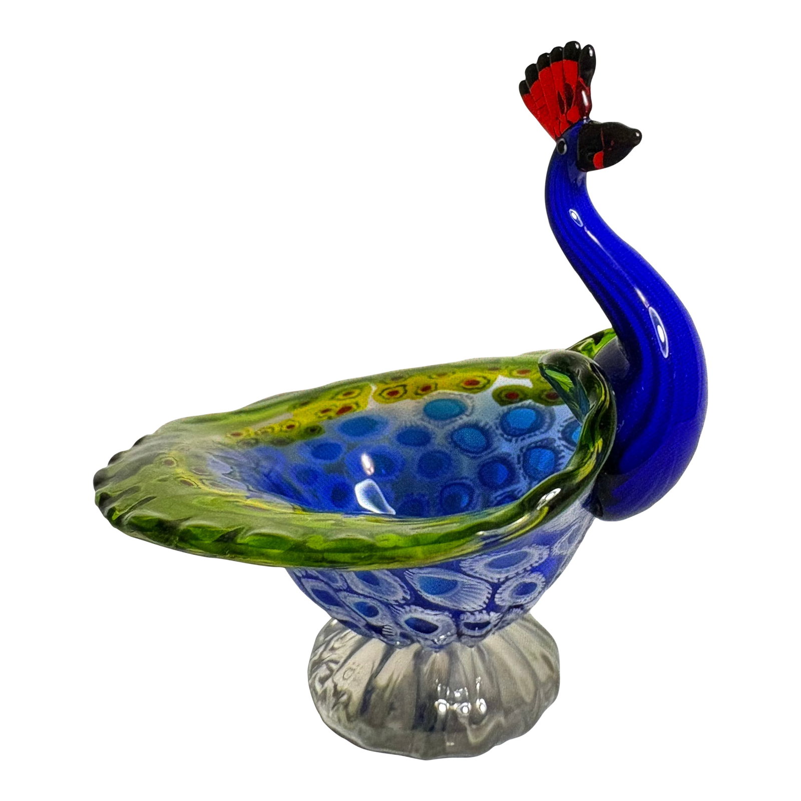 Murano Millefiori Vintage Hand Blown Glass Multi Colored Peacock: Hand blown glass and crafted venetian Millefiori Murano sculpture featuring vibrant blue, green, red and yellow makeup this beautiful peacock bowl often utlized as a decorative centerpiece. This