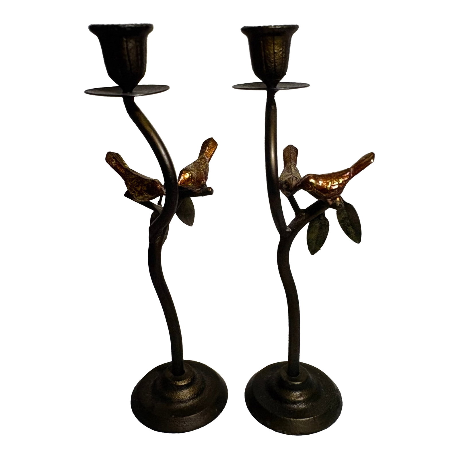 Jere Style Vintage Cast Iron Candle Holders - A Pair: I have here a pair of cast iron candle stick holders from the 1980's styled after Curtis Jere, featuring birds on branches which are cast iron candlesticks for perhaps home table decorations. They