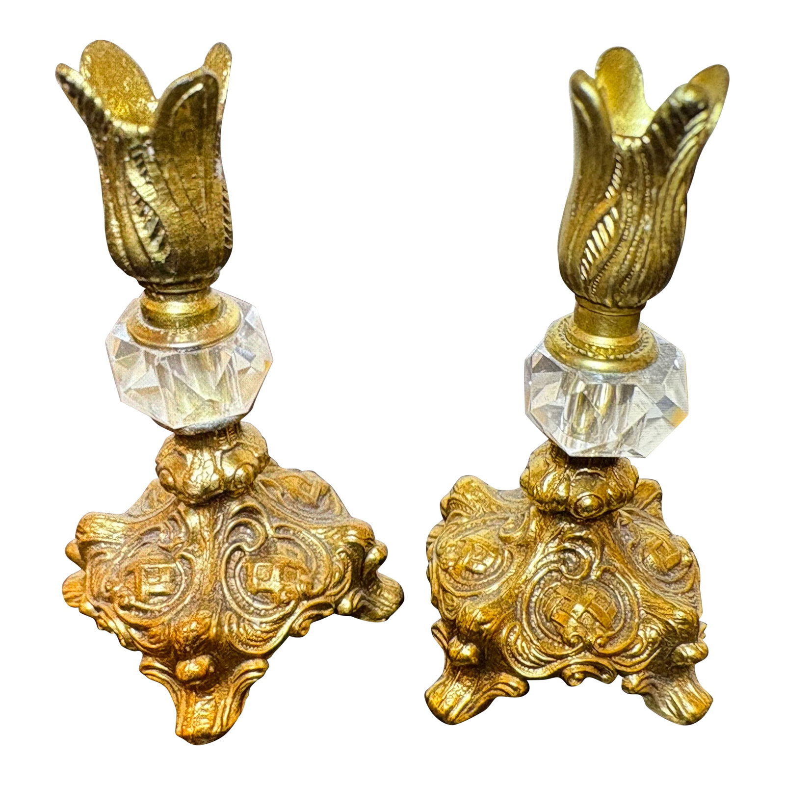 1930s Hollywood Regency 7" Brass and Cut Glass Crystal Candle Holders - A Pair: These candlesticks have CVG stamped on the bottom of them, likely the artisians mark but it is unknown and I have asked many people I know and they are unsure also, but we all suspect the makers