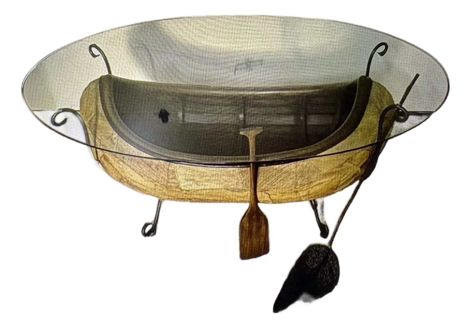 Vintage Rustic Birch Bark Canoe Coffee Table: For the canoe enthusiast, here is a conversation piece like no other. It comes with it's own paddle and fishing net. They fit in the bottom of the vessel. A canoe table which exhibits the same