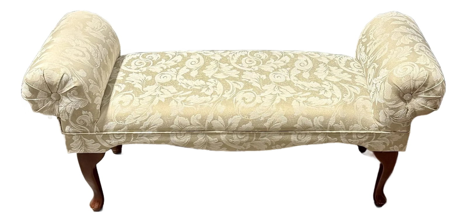 Queen Anne Style Rolled Arm Bench: The Queen Anne style bench, originating in England during the 18th Century is renowned for its graceful and refined lines, featuring curved forms, cabriole legs and delicate ornamentation. The bench