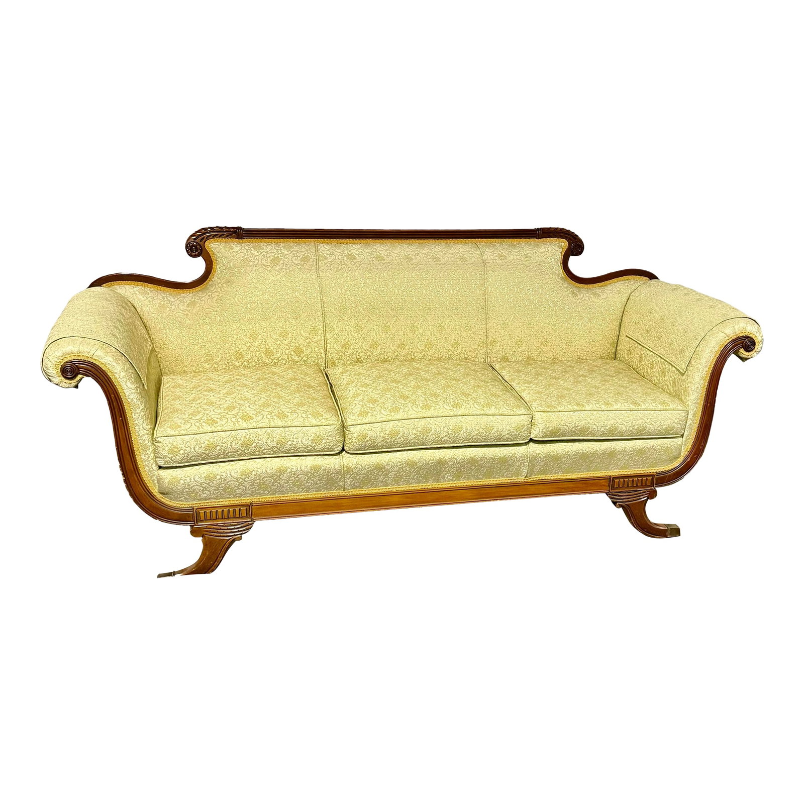 Duncan Phyfe Style Sofa: Introduce a classic elegance into a modern home with this timeless sofa offering historical charm and eye catching appeal to any space. The Duncan Phyfe style, prominent from 1795 to 1848, is known