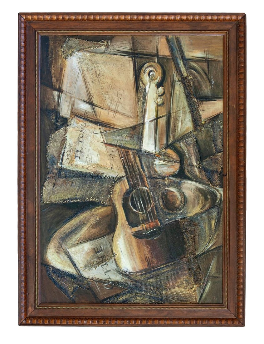 1970s Mid-Century Modern Cubist Oil Painting, Subject Guitar. Signed. - 13