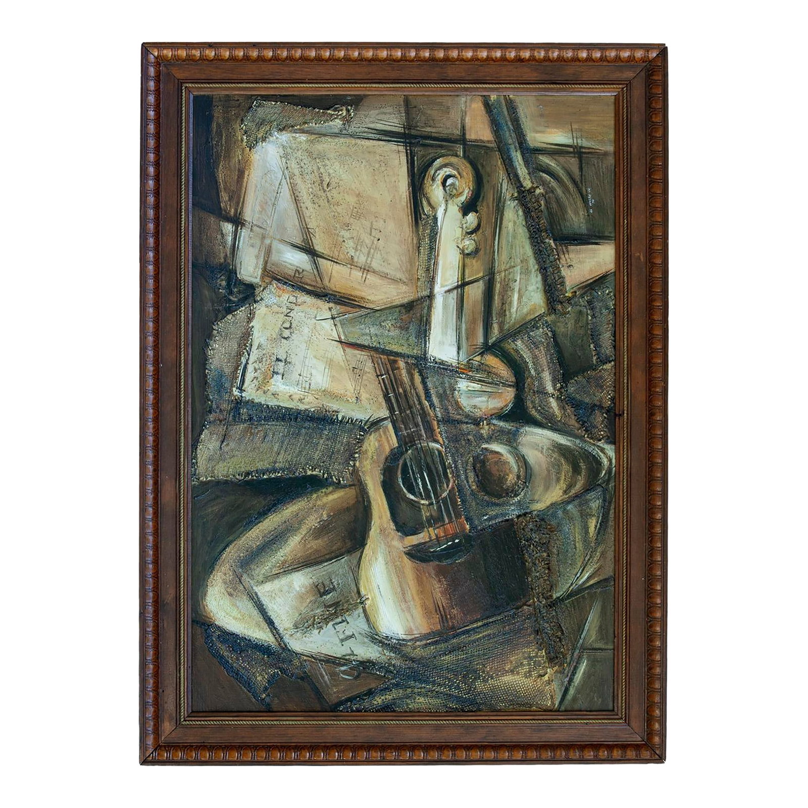1970s Mid-Century Modern Cubist Oil Painting, Subject Guitar. Signed.: A Stunning MCM Cubist Framed Original Oil Painting; Subject Guitar. Signed by Al Walsh Jr., 1974. Collaged Burlap included for texture and mixed media style; Popular in the early 70s. Subdued Earth