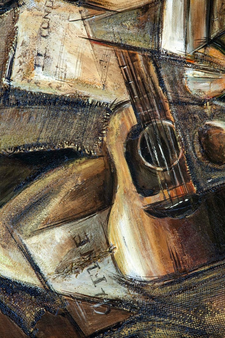1970s Mid-Century Modern Cubist Oil Painting, Subject Guitar. Signed. - 2