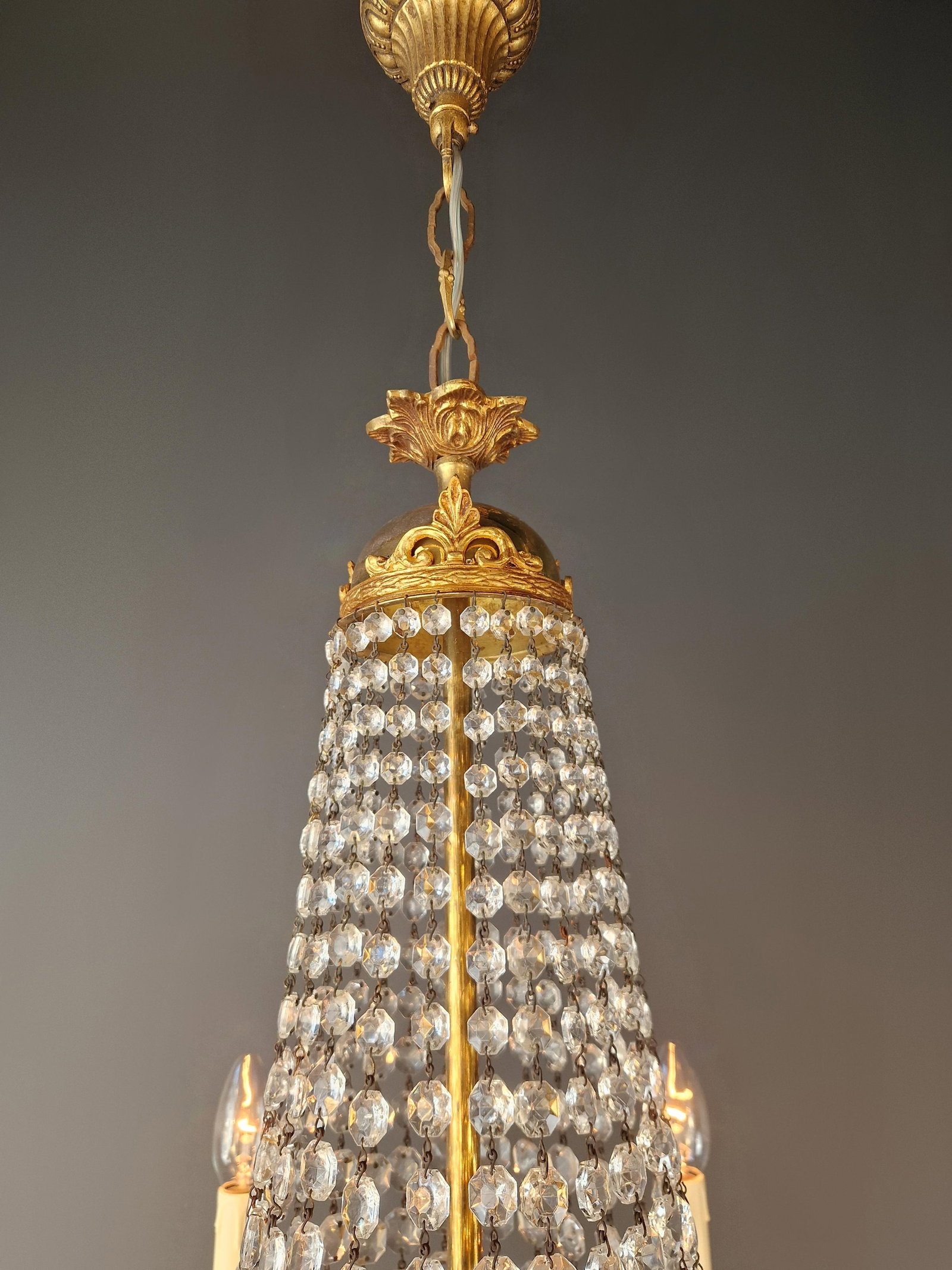 Antique Italian Baroque Style Crystal Chandelier Brass Basket Form Restored - 10