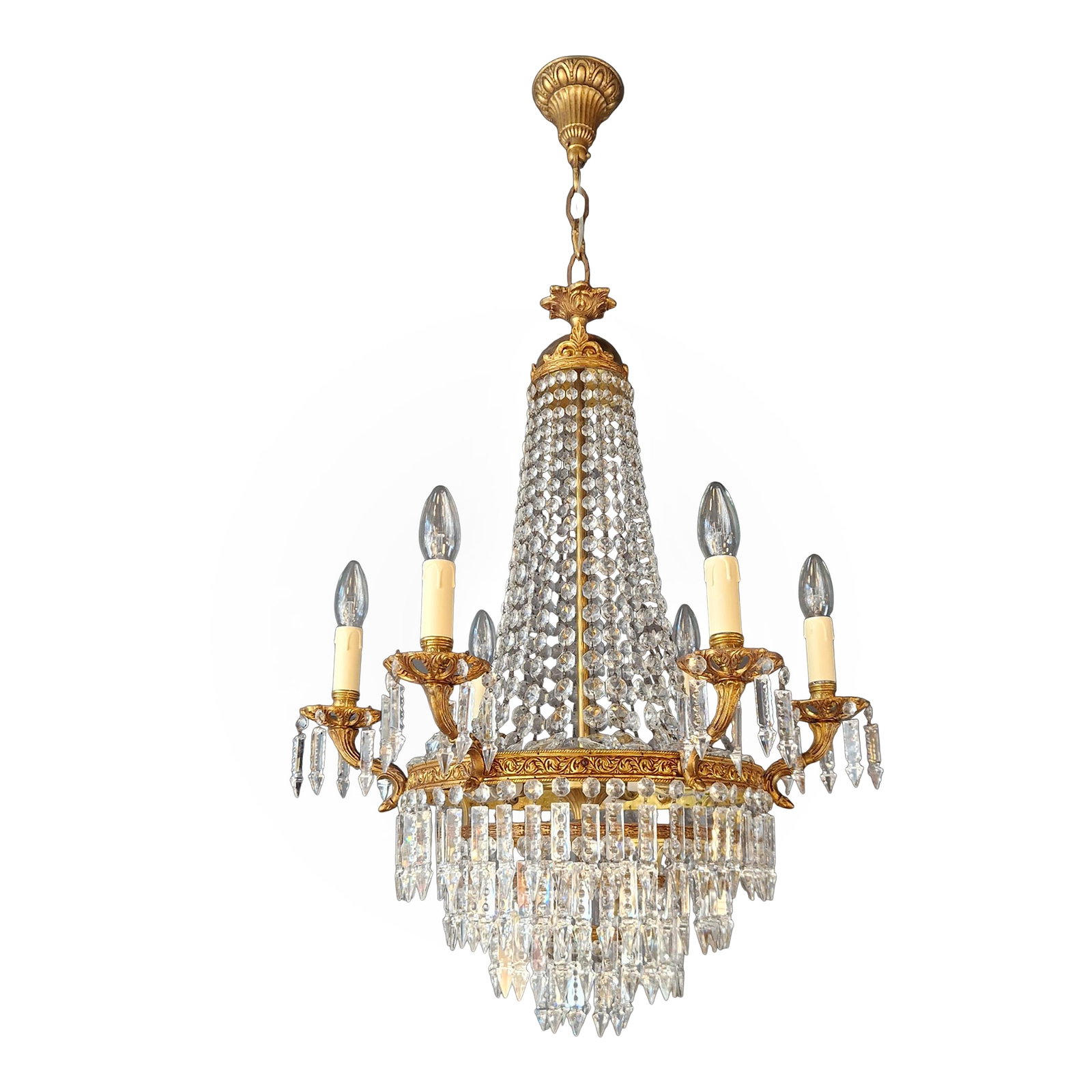 Antique Italian Baroque Style Crystal Chandelier Brass Basket Form Restored: This elegant crystal chandelier has been fully restored in our Berlin workshop with great care and attention to detail. The entire electrical system has been renewed to meet modern standards. All crys