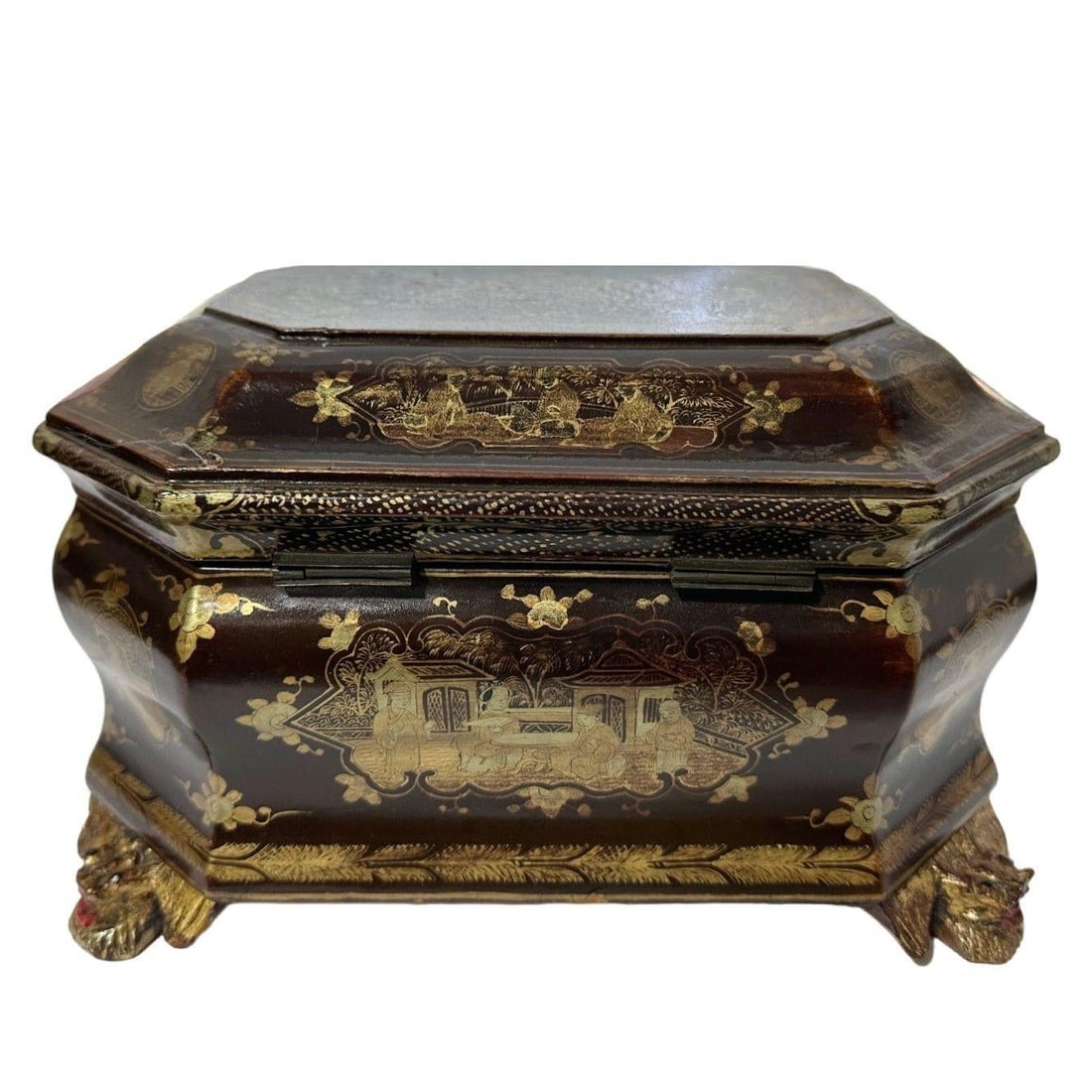 Antique Louis XV Chinese Gilt Lacquerware Tea Caddy Box W/Carved Dragon Feet - 11