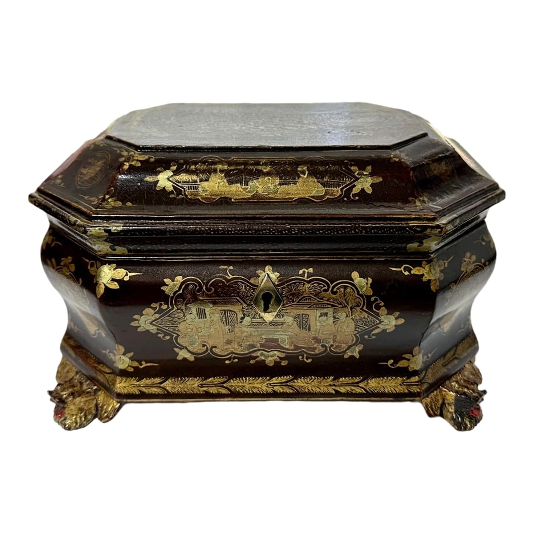 Antique Louis XV Chinese Gilt Lacquerware Tea Caddy Box W/Carved Dragon Feet (1 of 12)