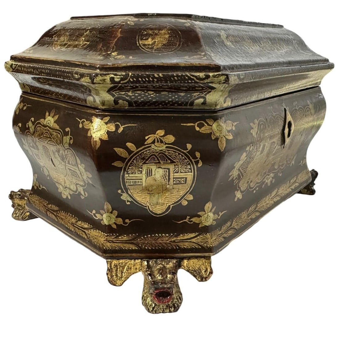 Antique Louis XV Chinese Gilt Lacquerware Tea Caddy Box W/Carved Dragon Feet - 3