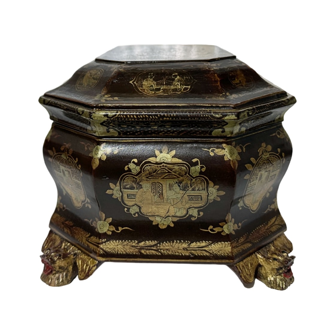 Antique Louis XV Chinese Gilt Lacquerware Tea Caddy Box W/Carved Dragon Feet - 7
