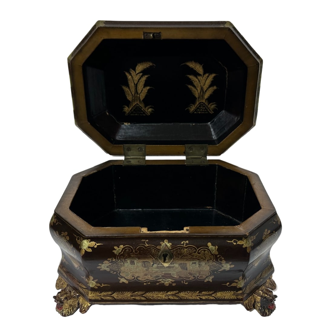 Antique Louis XV Chinese Gilt Lacquerware Tea Caddy Box W/Carved Dragon Feet - 9