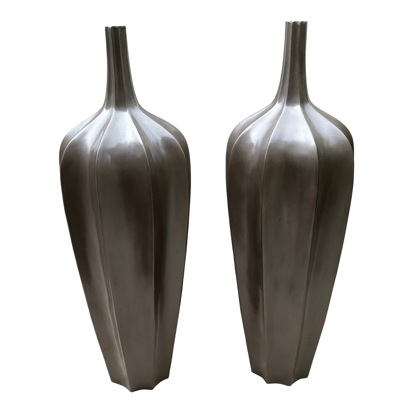 Vintage Bronzed Large Accolade Floor Vases: This pair of vintage bronzed large accolade floor vases is a high-end design statement item for any home. The design features an elegant, fluted silhouette with simple, classic lines accentuated by a