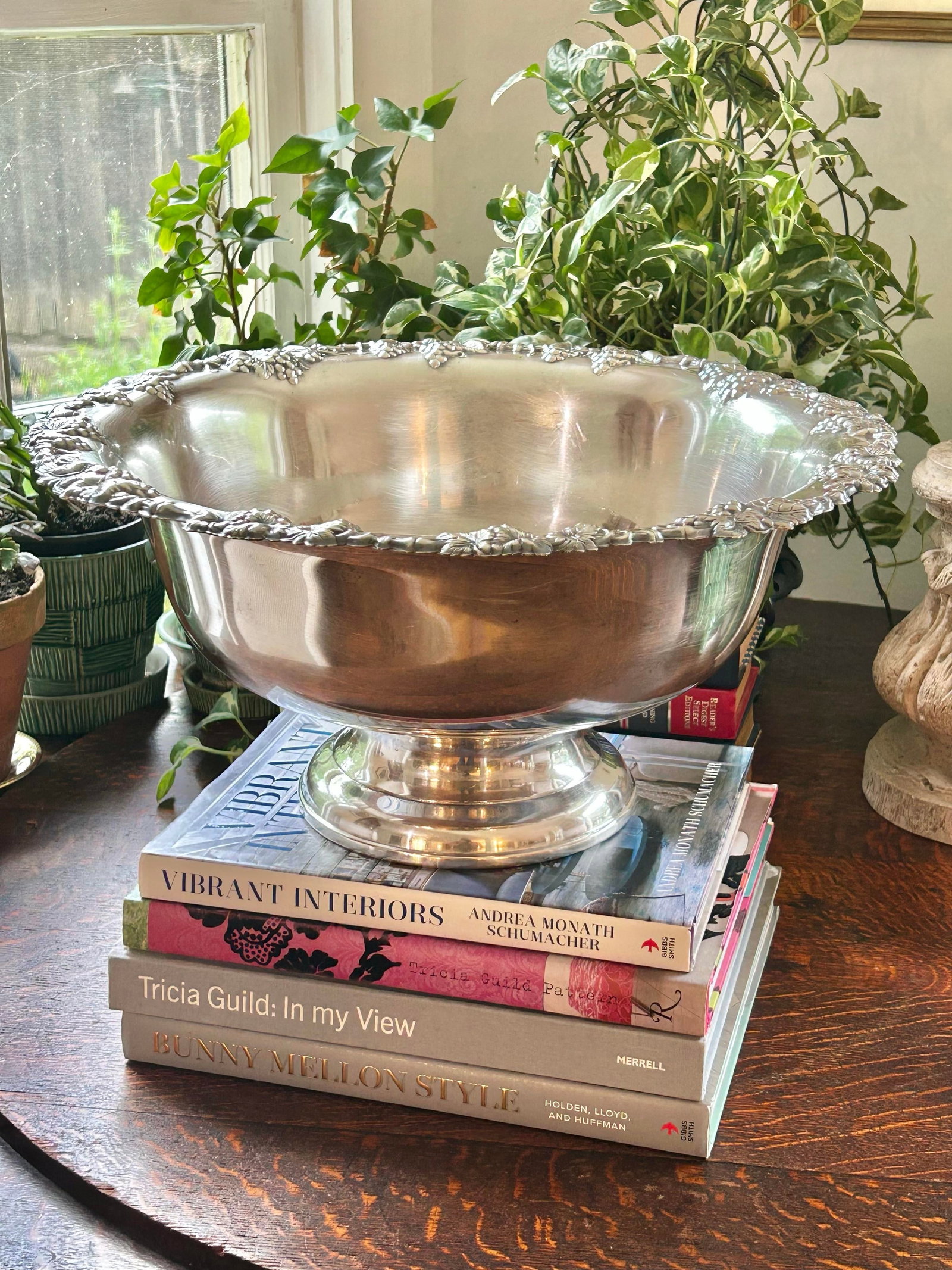 Vintage Gorham Newport Silverplate Punch Bowl, 18" Diameter Footed Centerpiece With Grape & Shell - 12