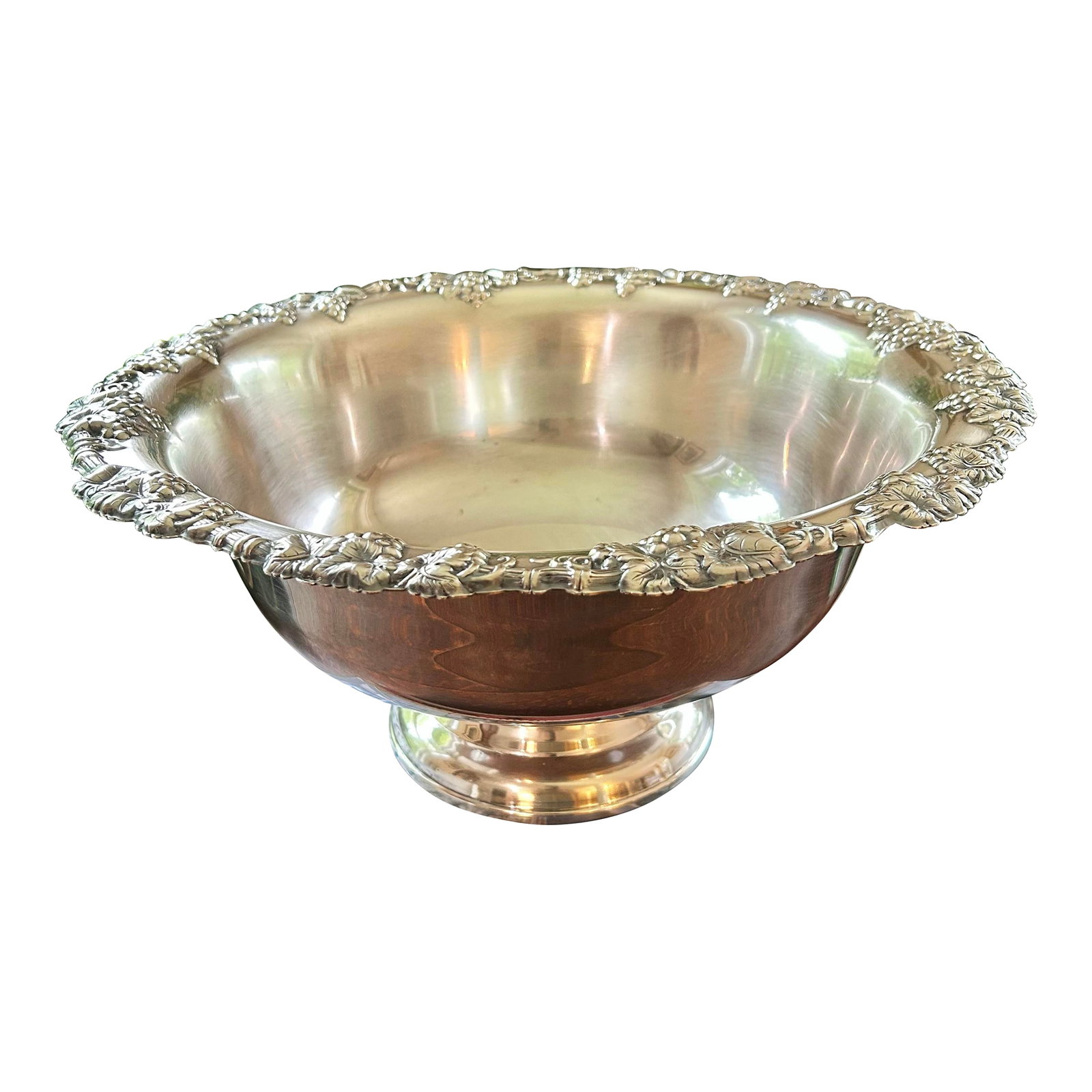 Vintage Gorham Newport Silverplate Punch Bowl, 18" Diameter Footed Centerpiece With Grape & Shell: This vintage Gorham Newport silverplate punch bowl offers both impressive scale and timeless elegance. Measuring a generous 18 inches in diameter and 8.25 inches high, this footed bowl features an