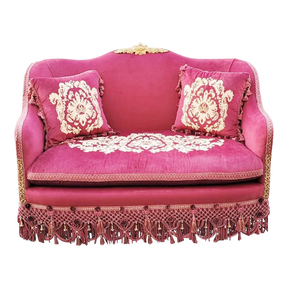 1960s Elegant Burgundy Loveseat Embroidery Sofa: Back in stock Luxury One of a kind New Sofa Settee beautiful and very well made. Burgundy embroidered Velvet Fabric on the seat and on the pillows. Bronze Ormolu on top and on the right and left side