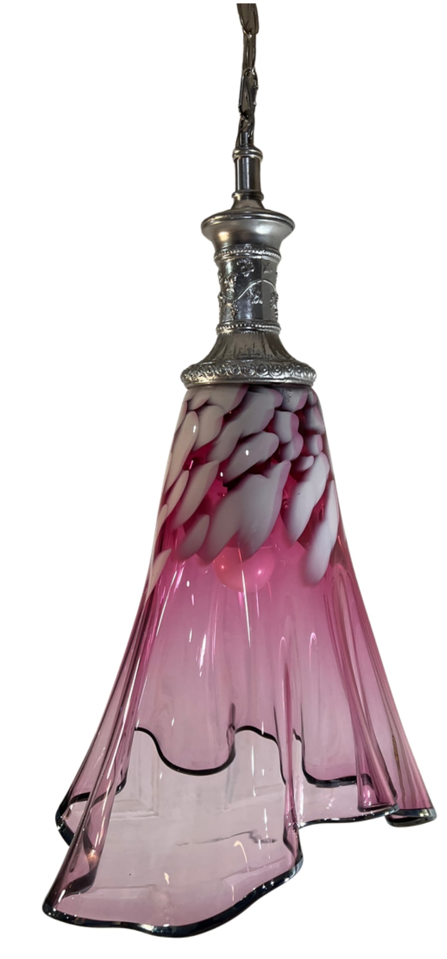 Large Fazzoletto Art Glass Raspberry Pink White Oval Pattern Pendant Light Signed - 16